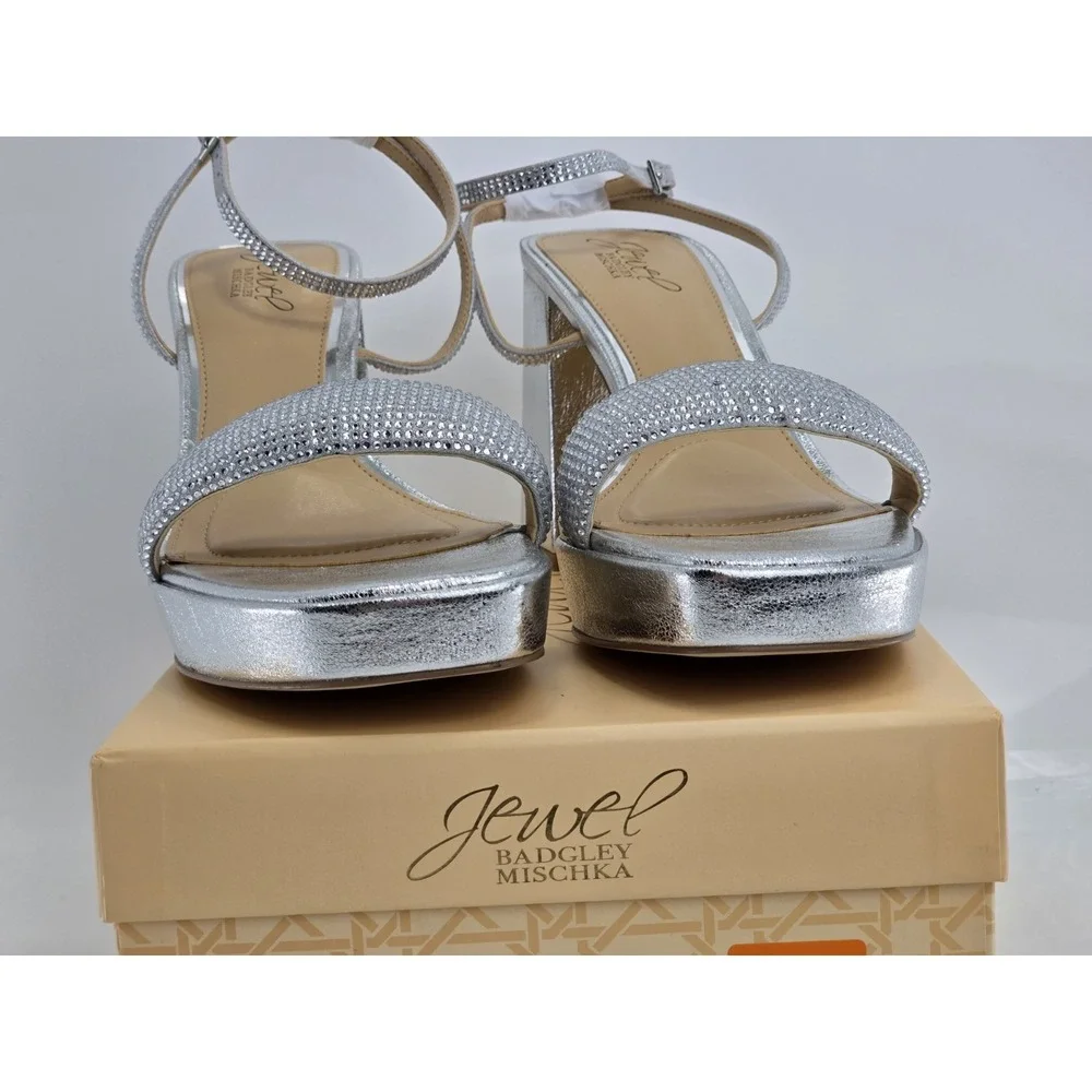 Jewel Badgley Mischka Teddi Platform Block Heels‎ Silver - 10 M - NEW